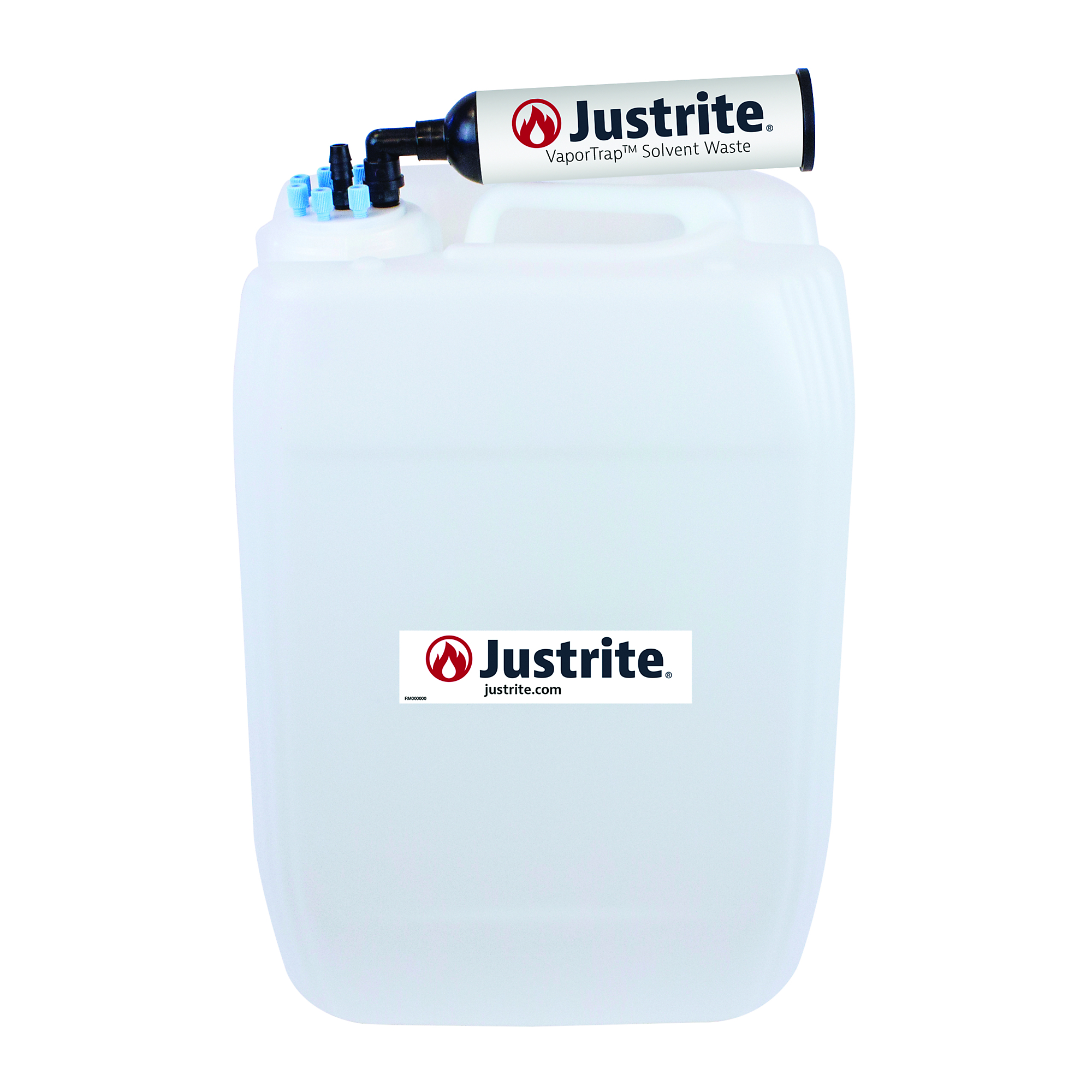 Justrite HDPE Carboy with Filter Kit — 20 Liters, UN/DOT Certified, VaporTrap, 6 Ports 1/8in. OD Tubing, 1 Port 1/4in. or 3/8in. Hose Barb, 70mm Cap, Model# 12841
